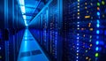 Long corridor of data center with rows of server racks and colorful LED lights Royalty Free Stock Photo