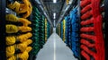 Long corridor in a data center with server racks on either side Royalty Free Stock Photo
