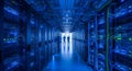 Long Corridor of Digital Servers in High Tech Data Facility Royalty Free Stock Photo