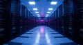 Modern data center corridor with rows of server racks illuminated by blue and pink lighting effects Royalty Free Stock Photo
