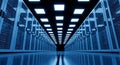 Modern data center corridor with rows of illuminated server racks and blue lighting creating a futuristic technology environment Royalty Free Stock Photo