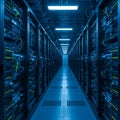 A long corridor lined with multiple rows of server racks filled with servers and network Royalty Free Stock Photo