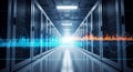 Futuristic data center corridor with glowing server racks and digital network visualization effects Royalty Free Stock Photo