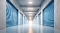 Long corridor in self storage facility with blue doors Royalty Free Stock Photo