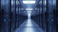 Long corridor of server racks in a modern data center with cool blue lighting symbolizing advanced technology and digital Royalty Free Stock Photo