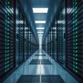 Long Corridor in a Server Room with Racks of Servers and L E D Lights Royalty Free Stock Photo