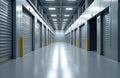 Long corridor in storage facility with rows of closed metal roll up doors. Clean empty warehouse interior with bright overhead Royalty Free Stock Photo
