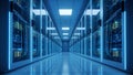 Modern Data Center Server Room with Blue Neon Lights - Network Technology Background Royalty Free Stock Photo