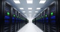 Modern data center with rows of server racks illuminated by bright ceiling lights in a clean high tech facility Royalty Free Stock Photo