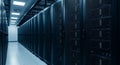 Modern data center server room with rows of high performance computing racks and blue lighting for digital infrastructure Royalty Free Stock Photo