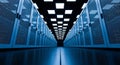 Modern data center server room with rows of illuminated racks and blue lighting for high performance computing Royalty Free Stock Photo