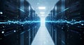 Futuristic data center server room with glowing blue lights and high tech digital network connections Royalty Free Stock Photo