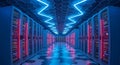 Futuristic data center server room with glowing blue neon lights and rows of high tech computing equipment Royalty Free Stock Photo