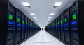 Modern data center server room with rows of high performance computing racks illuminated by blue and green lights Royalty Free Stock Photo