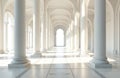 Long corridor with white marble columns, arched ceilings. Sunlight streams through distant archway, creating strong shadows on Royalty Free Stock Photo