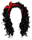 Long curly hairs  brunette black  dark colors  .  beauty fashion style . wig .Red bow Royalty Free Stock Photo