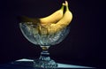 Ripe bananas in a crystal fruit vase salad bowl in sunbeam in dark shadows