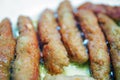 The long cutlet is fried in a red pan. She cooks the cutlet in a white pan . Juicy homemade cutlets beef, pork, chicken Royalty Free Stock Photo