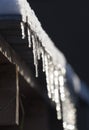 Long and dangerous icicles on a house roof Royalty Free Stock Photo