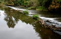 Long dangerous weir on the river after the flood. barrage barred driftwood trees trunks, logs stuck clogging the flow through the