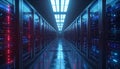 Futuristic server room with rows of glowing computer racks and blue ceiling lights data center Royalty Free Stock Photo