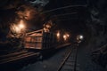 Long dark journey with a glimpse of light in a coal mine. generative AI