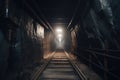 Long dark journey with a glimpse of light in a coal mine. generative AI