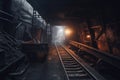 Long dark journey with a glimpse of light in a coal mine. generative AI