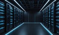 long, dimly lit corridor with rows black computer servers on either side, illuminated by blue light.
