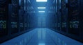 Futuristic Server Room Corridor with Blue Lighting and Data Racks data center technology Royalty Free Stock Photo