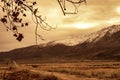 Long dirt road first highwa snowy mountain range brown hills and desert plants Royalty Free Stock Photo