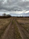 A long dirty road in the field.