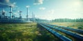 Long-distance pipeline for gas or hydrogen supply. Pumps and liquid gas storage tanks against the backdrop of green nature. Royalty Free Stock Photo