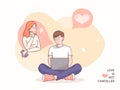 Long distance romantic relationship concept illustration. Happy couple characters. Man and woman in love. Flat style