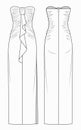 Long dress with bustier fashion flat template. Women sleeveless Dress fashion flat technical drawing template