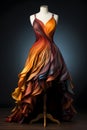 Long dress on a wooden mannequin with a modern fashion cut. Color gradient style, exquisite details in autumn colors.