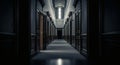 Dark Mysterious Hotel or Asylum Hallway with Symmetrical Black Doors and Bright Window Royalty Free Stock Photo