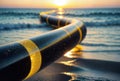 Golden electrical cable on beach at sunset. Reflects sun, leads eye towards horizon., generative ai Royalty Free Stock Photo