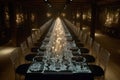Long elegant dining table set for a formal event in a dimly lit, rustic wooden hall Royalty Free Stock Photo