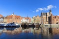 Long Embankment street, port for tourist ships, wooden galleon, Gdansk, Poland