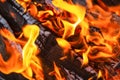 Long embers, burnt wood in a bright bonfire amid an orange flame