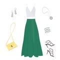 Long emerald skirt, white tank top, dark stiletto sandals, Royalty Free Stock Photo