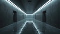 Long empty concrete corridor with reflective floor and bright linear ceiling lights. Minimalist interior with dark walls and Royalty Free Stock Photo