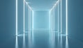 Long empty corridor with bright neon light strips on walls and ceiling. Clean blue interior with reflective floor. Modern Royalty Free Stock Photo