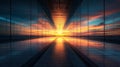 A long, empty corridor with glass walls reflecting a vibrant sunset. The path leads toward a glowing light at the end Royalty Free Stock Photo