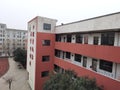 Long empty corridor in high school building