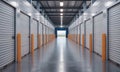 Long empty corridor in modern self storage facility with rows of metal roll up doors Royalty Free Stock Photo