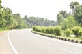 Long empty highway road turning right, palm tree on the roadside,and small trees on the divider, isolated with sky Royalty Free Stock Photo