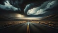 Stormy Road Ahead Through Ominous Clouds and Desert Landscape