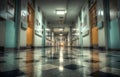 Long Empty Hospital Hallway with Bright Illuminated Exit Royalty Free Stock Photo
